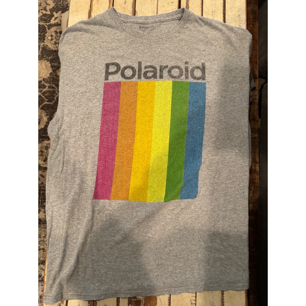 Polaroid Mens XL Graphic T-Shirt Heather Gray Rainbow Logo Retro Short Sleeve